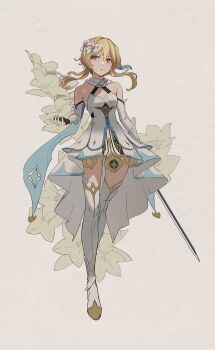 1girl bare_shoulders black_gloves blonde_hair daniel_deng detached_sleeves dress feather_hair_ornament feathers flower full_body genshin_impact gloves hair_flower hair_ornament hand_up highres holding holding_sword holding_weapon left-handed looking_at_viewer lumine_(genshin_impact) parted_lips partially_fingerless_gloves scarf shoes short_dress short_hair_with_long_locks sleeveless sleeveless_dress solo sword thighhighs weapon white_dress white_flower white_scarf white_shoes white_thighhighs yellow_eyes zettai_ryouiki