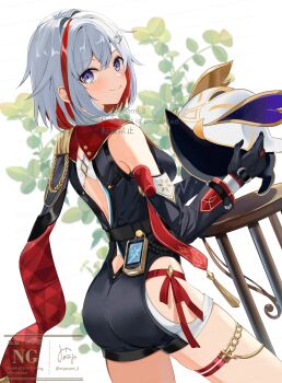 1girl ass bare_shoulders blue_eyes blush breasts detached_sleeves from_behind gloves highres honkai:_star_rail honkai_(series) looking_at_viewer looking_back medium_breasts miyanami_3 multicolored_hair red_hair scarf short_hair short_shorts shorts sideboob smile solo topaz_(honkai:_star_rail) two-tone_hair white_hair