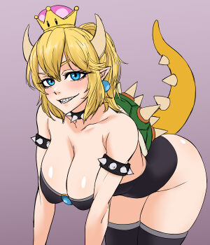 Rule 34 | 1girl, all fours, armlet, bare hips, bare shoulders, black boots, black collar, black leotard, blonde hair, blue eyes, boots, bowsette, breasts, cleavage, collar, collarbone, crown, dragon girl, dragon horns, dragon tail, earrings, eyelashes, female focus, grin, highres, horns, jewelry, kimleon, large breasts, leotard, long hair, looking at viewer, nintendo, pointy ears, ponytail, purple eyes, sharp teeth, shell, simple background, smile, solo, spiked armlet, spiked collar, spiked shell, spikes, strapless, strapless leotard, tail, teeth, thigh boots