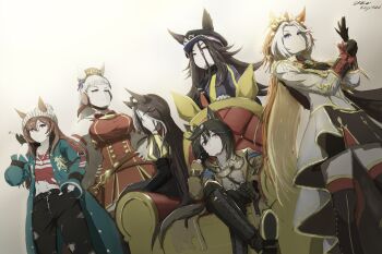 6+girls absurdres ahoge animal_ears armband ascot beanie black_ascot black_boots black_coat black_gloves black_hair black_pants black_thighhighs blue_coat blue_eyes blunt_bangs boots bow bowtie breasts brown_eyes brown_hair brown_hat candy closed_mouth coat commentary crossed_legs denim dice dice_necklace dice_pendant dream_journey_(reminder_of_dreamland)_(umamusume) dream_journey_(umamusume) dress ear_bow ear_covers ear_ornament ears_through_headwear english_commentary fenomeno_(black_flames_of_the_righteous_spirit)_(umamusume) fenomeno_(umamusume) fingerless_gloves flipped_hair food gem glasses gloves goggles goggles_around_neck gold_ship_(red_strife)_(umamusume) gold_ship_(umamusume) green_gem grey_hair grey_hat hair_between_eyes hat highres holding holding_candy holding_food holding_lollipop horse_ears horse_girl horse_tail horseshoe_hat_ornament horseshoe_ornament jacket jeans jewelry large_breasts lollipop long_hair long_sleeves midriff multicolored_hair multiple_girls nakayama_festa_(shichuukyuukatsu)_(umamusume) nakayama_festa_(umamusume) navel necklace orange_hair orfevre_(control)_(umamusume) orfevre_(umamusume) pants peaked_cap pillbox_hat purple_eyes purple_hair red_dress rika-kiyoshi shirt single_ear_cover sitting sleeveless sleeveless_dress small_breasts stay_gold_(sunlit_outsider)_(umamusume) stay_gold_(umamusume) stay_gold_clan_(umamusume) striped_armband striped_clothes striped_hat striped_headwear tail thighhighs throne torn_clothes torn_coat torn_jeans torn_pants torn_shirt two-tone_hair umamusume vertical-striped_clothes vertical-striped_headwear white_coat white_gloves white_hair white_shirt yellow_coat