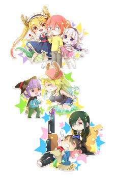 10s 3boys 4girls :3 :d =_= @_@ ^_^ apron aqua_hair arm_grab ascot baseball_cap beads black_bow black_necktie black_pants black_ribbon black_shirt blanket blazer blonde_hair blouse blue_apron blue_eyes blue_shirt blue_shorts blush bow breasts brown_eyes brown_hair brown_pants cabinet cake cake_slice cape capelet chibi cleavage closed_eyes closed_mouth controller cup cushion devend dragon_horns dragon_tail drinking fafnir_(maidragon) food formal_clothes fruit full_body game_console game_controller glasses green_hair green_pants hair_beads hair_between_eyes hair_ornament hair_over_one_eye hair_ribbon hat holding holding_wand horns jacket kanna_kamui kneehighs kobayashi-san_chi_no_maidragon kobayashi_(maidragon) large_breasts leaning_forward light_purple_hair long_hair long_sleeves looking_at_another looking_at_viewer low_twintails lucoa_(maidragon) lying magatsuchi_shouta magic_circle maid maid_headdress medium_breasts mug multicolored_hair multiple_boys multiple_girls necktie no_shoes nose_blush on_back open_clothes open_jacket open_mouth pants plate playstation_1 ponytail profile red_eyes red_hair red_hat ribbon rimless_eyewear shirt short_ponytail shorts sideways_mouth sleeping sleeveless sleeveless_shirt smile socks sphere_hair_ornament standing star_(symbol) strawberry suit summoning tail takiya_makoto tank_top television thighhighs tohru_(maidragon) twintails two-tone_hair wand wavy_hair white_background white_legwear white_shirt wizard_hat yellow_shirt