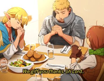 1girl 2boys armpits bite_mark bite_mark_on_hand blue_capelet bowl braid braided_ponytail bread brown_gloves brown_hair brown_vest bruise bruise_on_neck capelet chilchuck_tims choker closed_mouth commentary cup drinking_glass dungeon_meshi eating elf english_commentary fake_horns fingerless_gloves food gloves helmet hickey highres horns injury khyle. laios_touden marcille_donato multiple_boys own_hands_together pointy_ears praying red_choker salad shirt vest white_shirt