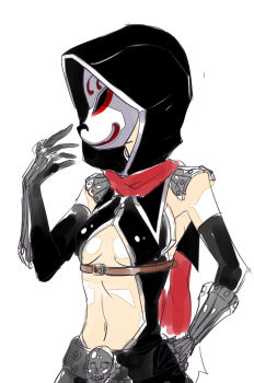 1girl armor assassin_cross_(ragnarok_online) black_gloves black_hood black_shirt breasts clothing_cutout commentary_request elbow_gloves fox_mask gloves hood hood_up mask masked medium_breasts navel pauldrons ragnarok_online red_scarf scarf shirt shoulder_armor simple_background skull sleeveless sleeveless_shirt solo stomach_cutout toriria underboob upper_body vambraces white_background