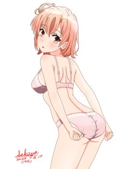 Rule 34 | 1girl, adjusting clothes, adjusting panties, ass, back, bra, breasts, commentary request, dated, medium breasts, orange eyes, orange hair, panties, parted lips, pink bra, pink panties, sakayaya, short hair, solo, thighs, underwear, yahari ore no seishun lovecome wa machigatteiru., yuigahama yui