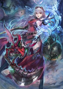 1girl arnas_(yoru_no_nai_kuni) belt boots female_focus gust long_hair magic_circle monster official_art silver_hair sleeveless solo sword thigh_boots thighhighs weapon yoru_no_nai_kuni yoshiku_(oden-usagi)