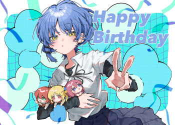 4girls ahoge black_ribbon black_shirt black_skirt blonde_hair blue_eyes blue_hair blue_skirt blush bocchi_the_rock! chibi collared_shirt confetti earrings gotoh_hitori green_eyes hair_ornament hairclip happy_birthday highres holding ijichi_nijika jewelry kita_ikuyo layered_sleeves long_sleeves looking_at_viewer mole mole_under_eye multiple_girls neck_ribbon open_mouth pink_hair pleated_skirt red_eyes red_hair ribbon school_uniform scripco shimokitazawa_high_school_uniform shirt short_hair short_over_long_sleeves short_sleeves side_ponytail skirt stud_earrings v white_shirt yamada_ryo yellow_eyes