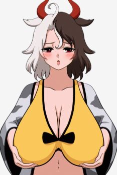 1girl animal_ears animated animated_gif blush bouncing_breasts breasts brown_hair clothes_lift cow_ears cow_girl cow_horns horns large_breasts lifting_own_clothes looking_at_viewer multicolored_hair navel nipples no_bra open_mouth red_eyes sagging_breasts shiguma_(signalmass) shirt_lift solo source_request touhou ushizaki_urumi white_background white_hair