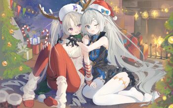 2girls absurdres antlers arm_warmers bare_shoulders belt black_gloves blue_eyes bow bowtie box breasts chinese_commentary christmas_tree cleavage cleavage_cutout clothing_cutout commentary_request detached_collar dress fang female_tyrant_(stella_sora) fireplace frilled_dress frilled_gloves frills fur_hat gift gift_box gloves grey_hair hairband hat highres horned_hat horns hug knees_up large_breasts laru_(snowish)_(stella_sora) laru_(stella_sora) leg_warmers long_hair multiple_girls no_shoes one_eye_closed pantyhose parted_bangs purple_eyes reindeer_antlers ribbon rug santa_hat scarf shoes sitting skin_fang sleeveless small_breasts smile star_(symbol) stella_sora sweater thigh_strap thighhighs twintails tyrant_(stella_sora) unworn_shoes v very_long_hair white_thighhighs youmeng33