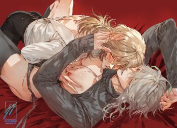 2boys ahoge alhaitham_(genshin_impact) black_pants black_shirt blonde_hair blood boy_on_top commentary green_eyes grey_hair hair_between_eyes hand_in_another's_hair highres kaveh_(genshin_impact) large_pectorals long_hair lying male_focus multicolored_hair multiple_boys nipples no_pants nosebleed ocmari21140 on_back pants pectorals red_eyes shirt sweater symbol-only_commentary turtleneck turtleneck_sweater white_shirt yaoi