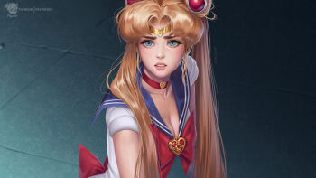 1girl bishoujo_senshi_sailor_moon bishoujo_senshi_sailor_moon_s blonde_hair blue_eyes blue_sailor_collar bow breasts brooch choker circlet cleavage collarbone commentary cosmic_heart_compact crescent crescent_earrings derivative_work earrings english_commentary hair_over_shoulder heart heart_brooch heart_choker highres jewelry long_hair magical_girl meme prywinko red_bow red_choker sailor_collar sailor_moon sailor_moon_redraw_challenge_(meme) sailor_senshi_uniform screenshot_redraw solo tsukino_usagi twintails upper_body