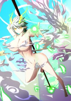 :o areola_slip banner braid braided_ponytail breasts cloud commentary_request completely_nude convenient_censoring dragon earrings energy grey_hair hair_between_eyes hair_ornament hijiki_senpai holding holding_staff huge_breasts jewelry jitome kantai_collection long_hair navel nude parted_lips pointy_ears scales smoke smoke_censor staff unryuu_(kancolle) unryuu_kai_(kancolle) very_long_hair yellow_eyes