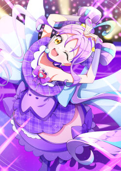 Rule 34 | 1girl, absurdres, ahoge, aqua hair, armpits, arms up, blue hair, bow, brooch, choker, collarbone, commentary, commentary request, cure kyunkyun, dress, gloves, hair ornament, half gloves, headset, heart, heart brooch, highres, idol heart incom, jewelry, kimi to idol precure, long hair, looking at viewer, magical girl, multicolored hair, off-shoulder dress, off shoulder, one eye closed, open mouth, plaid bow, plaid clothes, plaid skirt, precure, purple bow, purple choker, purple dress, purple gloves, purple hair, purple thighhighs, rio beginner, shigure kokoro, skirt, solo, streaked hair, thighhighs, twintails, two side up, yellow eyes