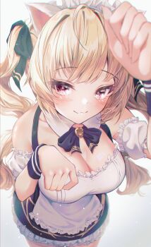 Rule 34 | 1girl, absurdres, alternate costume, animal ears, apron, bare shoulders, blonde hair, blush, breasts, cat ears, ciawasemono, cleavage, closed mouth, enmaided, hair ribbon, highres, large breasts, long hair, looking at viewer, maid, maid apron, maid headdress, nijisanji, pink eyes, ribbon, sidelocks, simple background, solo, standing, takamiya rion, takamiya rion (3rd costume), thighs, twintails, upturned eyes, virtual youtuber, white background