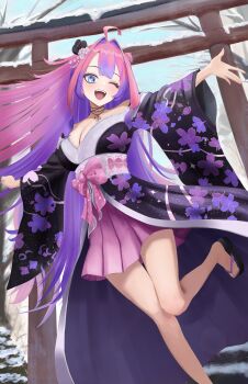 1girl ;d absurdres ahoge black_kimono blue_eyes bluetopaz1049 breasts center-flap_bangs choker commentary_request day double-parted_bangs feet floating_hair floral_print floral_print_kimono flower foot_out_of_frame frilled_kimono frills hair_bun hair_flower hair_intakes hair_ornament hakama hakama_skirt highres hololive hololive_dev_is japanese_clothes kanzashi kikirara_vivi kikirara_vivi_(new_year) kimono large_breasts light_blush long_hair looking_at_viewer multicolored_hair nail_polish obi off_shoulder official_alternate_costume okobo one_eye_closed open_mouth outdoors outstretched_arms pink_hair pink_sash platform_sandals print_kimono purple_hair purple_hakama purple_nails ribbon_choker sandals sash side_up_bun single_hair_bun skirt smile snow solo spread_arms standing standing_on_one_leg symbol-shaped_pupils toenail_polish toenails toes torii tsumami_kanzashi two-tone_hair very_long_hair virtual_youtuber