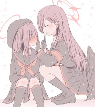 2girls armband beret black_choker black_gloves black_hair black_hat black_sailor_collar black_serafuku black_shirt black_shoes black_skirt black_socks black_wings blue_archive blush choker closed_eyes closed_mouth commentary_request covering_another's_mouth facing_another feet_out_of_frame full-face_blush gloves hair_ornament hairclip halo hat highres ichika_(blue_archive) justice_task_force_member_(blue_archive) kasuga_sunao kneehighs knees_up loafers long_hair long_sleeves looking_at_another low_wings multiple_girls neckerchief pale_color pleated_skirt red_armband red_halo red_neckerchief sailor_collar school_uniform serafuku shirt shoes sitting skirt smile socks squatting star_(symbol) straight_hair turning_head wings yuri