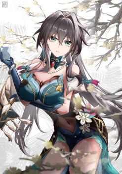 1girl absurdres branch brown_hair china_dress chinese_clothes cup dna dress elbow_gloves flower gloves green_eyes highres holding holding_cup honkai:_star_rail honkai_(series) jewelry navel off_shoulder ruan_mei_(honkai:_star_rail) tongyu wrist_cuffs