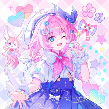 1girl beret blue_eyes blue_skirt bow commentary cyrene_(aedes_elysiae)_(honkai:_star_rail) cyrene_(honkai:_star_rail) cyrene_(keeping_promise)_(honkai:_star_rail) dress fake_wings flower hair_ornament hairclip hat heart highres honkai:_star_rail honkai_(series) long_hair mem_(honkai:_star_rail) multicolored_hair official_alternate_costume one_eye_closed open_mouth pink_hair pink_ribbon pointy_ears ribbon shirt short_hair skirt smile star_(symbol) suspender_skirt suspenders symbol-only_commentary tail two-tone_hair viclim-monou white_bow white_dress white_hair white_hat white_shirt wings