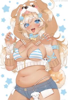 1girl ahoge animal_ear_hood animal_ears animal_hood arm_belt belly belt_collar bikini bikini_under_clothes blonde_hair blue_bikini blue_choker blue_eyes blue_eyeshadow blue_nails blue_shorts blush bone_ornament borrowed_character breasts choker claw_pose cleavage collar commission commissioner_upload dark-skinned_female dark_skin denim denim_shorts detached_hood detached_sleeves dog_girl dog_hood dog_ornament dog_tail eyeshadow fake_animal_ears fangs gyaru highleg highleg_bikini hood hood_up internet_explorer jellyfish_hair_ornament lips long_hair makeup medium_breasts mole mole_on_breast mole_on_shoulder mole_on_stomach mole_under_eye mole_under_mouth navel open_mouth original pendant_choker plump puppypaww short_shorts shorts solo standing star_(symbol) striped_bikini striped_clothes swimsuit tail two_side_up whale_tail_(clothing) white_background white_bikini