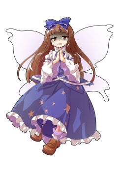 Rule 34 | 1girl, alphes (style), blue bow, blue ribbon, blue shirt, blue skirt, blunt bangs, bow, brown eyes, brown hair, brown shoes, commentary request, commission, dairi, fairy, fairy wings, frilled bow, frilled skirt, frills, full body, hair bow, half-closed eyes, juliet sleeves, large variant set, loafers, long hair, long skirt, long sleeves, looking at viewer, own hands together, parody, puffy sleeves, ribbon, shaded face, shirt, shoes, simple background, skeb commission, skirt, skirt set, solo, star sapphire, straight hair, style parody, tachi-e, touhou, transparent background, variant set, wide sleeves, wings