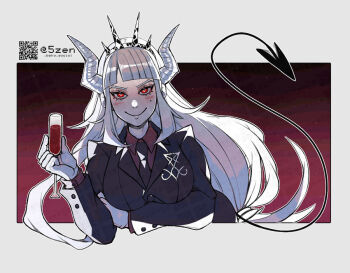 1girl 5zen black_jacket black_necktie blush breasts crown cup demon demon_girl demon_horns demon_tail drinking_glass gloves helltaker holding holding_cup horns jacket long_hair looking_at_viewer lucifer_(helltaker) mole mole_under_eye necktie office_lady red_eyes red_shirt shirt smile tail white_gloves white_hair white_horns wine_glass