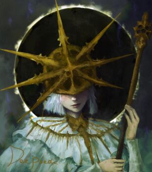 1boy androgynous armor capelet commentary covered_eyes dark_souls_(series) dark_souls_i dark_sun_gwyndolin darksign_(dark_souls) deepseart english_commentary gold_armor gold_headwear helmet helmet_over_eyes highres holding holding_staff pale_skin robe short_hair signature solo spiked_helmet spiked_necklace staff sun_symbol white_capelet white_hair white_robe