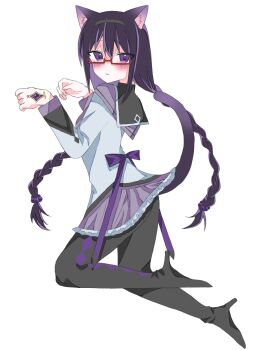 1girl akemi_homura akemi_homura_(magical_girl) animal_ears argyle_clothes argyle_thighhighs blush boots bow braid braided_twintails cat_ears cat_girl cat_tail closed_mouth dress dress_bow from_side fuminmeru high_heel_boots high_heels highres long_hair long_sleeves looking_at_viewer magical_girl mahou_shoujo_madoka_magica paw_pose purple_bow purple_eyes purple_hair red-framed_eyewear solo tail turning_head white_dress