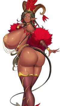 1girl absurdres areola_slip ass black_hair breasts brown_thighhighs commentary commission curvy demon_horns demon_tail earrings english_commentary feather_earrings feathers feet_out_of_frame forehead_jewel from_behind gigantic_breasts gold gurimjang heart-shaped_gem highres horns jewelry long_hair original pointy_ears red_feathers revealing_clothes solo tail thighhighs very_long_hair yellow_eyes