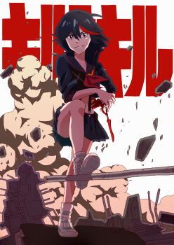 1girl absurdres black_hair blue_eyes commentary_request explosion explosion_background gloves highres honnoji_academy_school_uniform kill_la_kill matoi_ryuuko multicolored_hair red_streaks revealing_clothes ryuukin school_uniform scissor_blade_(kill_la_kill) shoes short_hair smile solo streaked_hair suspenders translation_request two-tone_hair white_shoes