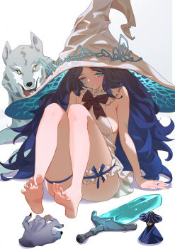 1girl absurdres alternate_breast_size alternate_costume barefoot blue_eyes blue_hair bob_(pixiv49522586) dark_blue_hair elden_ring embarrassed feet foot_focus frilled_thigh_strap glowing glowing_tattoo hat highres large_hat long_hair looking_at_viewer moonlight_greatsword multicolored_nails nail_polish one_eye_closed ranni_the_witch simple_background soles spread_toes sword tattoo thigh_strap toes user_shky3348 very_long_hair weapon white_background white_hat wolf