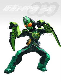 1boy armor copyright_name full_body green_armor green_helmet helmet highres kamen_rider kamen_rider_ooo_(series) male_focus ooo_driver orange_eyes penpenhuihui solo tokusatsu