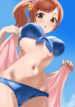 1girl bead_bracelet beads bikini blue_background blue_bikini blue_sky bracelet breasts brown_eyes commentary_request cowboy_shot fascinate_kyrie flower front-tie_bikini_top front-tie_top hair_flower hair_ornament highres holding idolmaster idolmaster_cinderella_girls igarashi_kyoko jewelry looking_at_viewer medium_breasts navel orange_hair parted_lips pink_flower side_ponytail sky solo stomach swimsuit yellow_flower