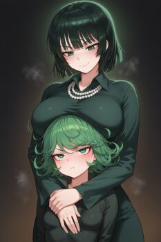 2girls annoyed arms_around_neck behind_another black_dress blush breast_on_head breasts breath collared_dress curly_hair dress female_focus fubuki_(one-punch_man) green_dress green_eyes grey_hair hateaicringe highres jealous jewelry looking_down medium_hair multiple_girls necklace one-punch_man pearl_necklace short_hair siblings sisters smile tatsumaki