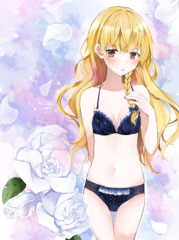 1girl absurdres alternate_costume blonde_hair blue_bow blue_bra blue_panties blush bow bra braid breasts cleavage commentary_request embarrassed flower hair_bow highres kirisame_marisa long_hair looking_at_viewer midriff minatsuki_yurara navel no_headwear open_mouth panties rose side_braid single_braid solo touhou underwear underwear_only very_long_hair white_flower white_rose yellow_eyes