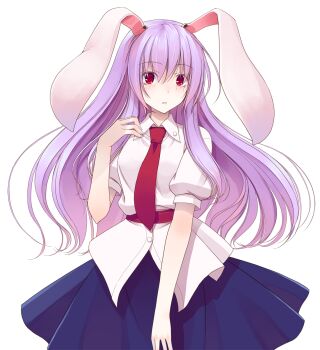 Rule 34 | 1girl, animal ears, blue skirt, blush, breasts, buttons, collared shirt, commentary request, cowboy shot, crote, glowing, hair between eyes, hand up, highres, large variant set, long hair, looking at viewer, necktie, parted lips, pink hair, puffy short sleeves, puffy sleeves, rabbit ears, red necktie, reisen udongein inaba, shirt, short sleeves, simple background, skirt, solo, standing, teeth, touhou, transparent background, variant set, very long hair, white shirt