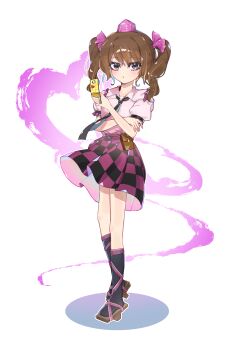 Rule 34 | 1girl, absurdres, black skirt, black socks, brown hair, brown sandals, camera phone, cellphone, checkered clothes, checkered skirt, commentary request, crossed arms, flip phone, full body, geta, hat, highres, himekaidou hatate, holding, holding phone, kneehighs, long hair, looking at viewer, necktie, phone, pink shirt, puffy short sleeves, puffy sleeves, purple hat, purple skirt, sandals, shirt, short sleeves, sia 6767, simple background, skirt, socks, solo, tokin hat, touhou, twintails, two-tone skirt, white background