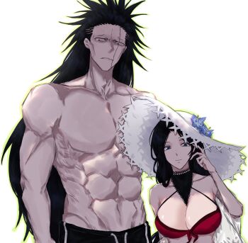 1boy 1girl abs anima_tion_1 bikini black_hair bleach bleach:_brave_souls bleach:_sennen_kessen-hen blush breasts cleavage facial_scar hat height_difference highres hip_bones large_breasts long_hair lowleg lowleg_pants muscular muscular_male official_alternate_costume pants pectorals red_bikini scar scar_across_eye scar_on_cheek scar_on_face scar_on_mouth sun_hat swimsuit topless_male unohana_retsu very_long_hair zaraki_kenpachi