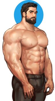 1boy abs bara beard black_eyes black_hair connected_beard dopey_(dopq) facial_hair highres large_pectorals looking_at_viewer mature_male muscular muscular_male navel nipples original pants pectorals simple_background solo topless_female topless_male veins