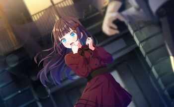 1boy 1girl belt black_hair blue_eyes blurry blurry_foreground blush brown_hair commentary_request depth_of_field dress game_cg hair_ornament hairclip highres long_hair long_sleeves official_art open_mouth red_dress solo_focus third-party_source world_dai_star yanagiba_panda