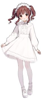 1girl absurdres blush brown_eyes brown_hair commentary_request dress full_body hairband highres idolmaster idolmaster_cinderella_girls jia_wenyuan lolita_hairband long_hair looking_at_viewer ogata_chieri pantyhose platform_heels simple_background smile solo tareme twintails white_background white_dress white_pantyhose