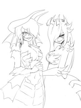 Rule 34 | 2girls, breasts, camel (dansen), cleavage, dalamadur, female focus, grin, horns, monochrome, monster girl, monster hunter (series), monster hunter 4, monster hunter frontier, multiple girls, navel, personification, raviente, smile