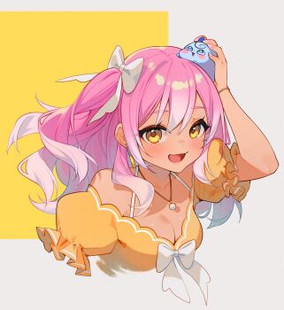 1girl bare_shoulders bow bowtie bra_strap bracelet breasts cleavage collarbone commentary commission creature creature_on_head cropped_torso dark-skinned_female dark_skin dot_nose english_commentary eyelashes eyeshadow frilled_sleeves frills gold_bracelet gradient_hair grey_background hair_between_eyes hair_bow happy highres holding holding_creature hyanna-natsu jewelry large_breasts light_blush long_hair makeup mole mole_above_eye multicolored_hair nail_polish necklace off-shoulder_shirt off_shoulder open_mouth original pink_eyeshadow pink_hair pink_nails puffy_short_sleeves puffy_sleeves shirt short_sleeves sidelocks smile solo square two_side_up wavy_hair white_bow white_bowtie white_hair yellow_eyes yellow_shirt