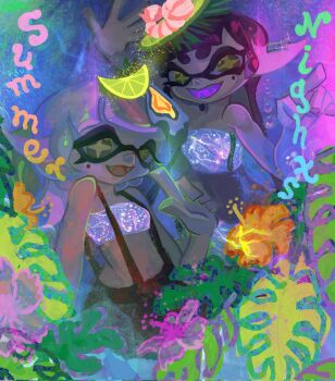 Rule 34 | 2girls, :d, alternate costume, black hair, blunt bangs, callie (splatoon), colored tongue, english text, eyerealm, fangs, flower, food, fruit, hibiscus, highres, inkling, leaf, lemon, lemon slice, lily pad, long hair, looking at viewer, marie (splatoon), mole, mole under eye, multiple girls, navel, nintendo, open mouth, orange flower, purple tongue, short eyebrows, short hair, siblings, sisters, smile, splatoon (series), star-shaped pupils, star (symbol), strapless, symbol-shaped pupils, tareme, tentacle hair, tsurime, tube top, white hair