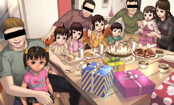 4boys 5girls a-801 age_difference birthday birthday_cake brown_hair cake censored closed_mouth clothes_writing food full_body hair_bobbles hair_ornament highres censored_identity indoors kneeling long_hair long_sleeves looking_at_viewer multiple_boys multiple_girls open_mouth original short_hair skirt smile table twintails v