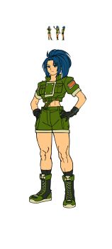 1girl black_gloves blue_eyes blue_hair boots combat_boots crop_top earrings full_body gloves green_jacket green_shorts hands_on_own_hips highres iggler jacket jewelry leona_heidern midriff military multiple_views navel ponytail short_sleeves shorts solo sprite standing suspenders the_king_of_fighters
