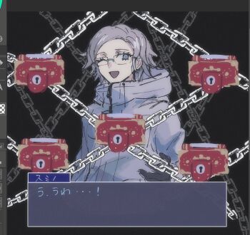 1boy ace_attorney aotsuki_eito black_background black_gloves blue_eyes dialogue_box eyelashes glasses gloves japanese_text looking_at_viewer male_focus one_eye_closed open_mouth parted_hair simple_background solo solo_focus tagme the_hundred_line_-last_defense_academy- user_interface white_hair