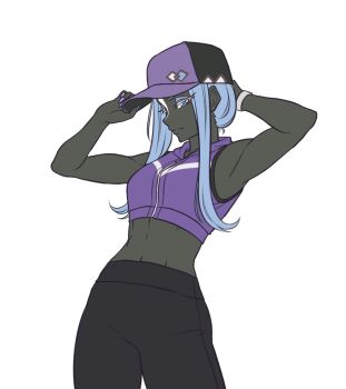 1girl adjusting_clothes adjusting_headwear baseball_cap black_hat black_pants blue_eyes blue_hair closed_mouth colored_skin commentary cowboy_shot english_commentary expressionless fingernails gen_7_pokemon grey_skin hat kirby_otaku legendary_pokemon looking_at_viewer midriff navel nintendo pants personification pokemon purple_hat purple_nails purple_sports_bra short_hair_with_long_locks sidelocks simple_background solo sports_bra tapu_fini transparent_background wristband