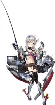 1girl ahoge black_bra black_panties black_sailor_collar black_skirt black_thighhighs blue_eyes bra breasts enemy_naval_mine_(kancolle) fishing_rod full_body glasses gloves grey_hair headgear heywood_l._edwards_(kancolle) heywood_l._edwards_(saury_festival)_(kancolle) highres holding holding_fishing_rod kantai_collection long_hair medium_breasts navel neckerchief off-shoulder_shirt off_shoulder official_alternate_costume official_art panties pink_neckerchief rigging sailor_collar shirt skirt stomach thighhighs torn_clothes torn_shirt torn_skirt torn_thighhighs transparent_background underwear white_gloves white_shirt zeco