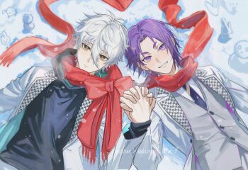 2boys blue_lock bright_pupils grey_hair harenzero highres holding_hands hood hoodie lying mikage_reo mini_snowman multiple_boys nagi_seishirou necktie on_back purple_eyes purple_hair red_scarf scarf school_uniform snow watermark white_hair white_pupils