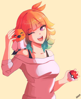1girl ;d animal animal_on_shoulder bird bird_on_shoulder breasts collarbone eden_exile fletchling gen_6_pokemon gradient_hair green_hair highres holding holding_poke_ball hololive hololive_english medium_breasts multicolored_hair nintendo off-shoulder_sweater off_shoulder one_eye_closed open_mouth orange_hair petting poke_ball poke_ball_(basic) pokemon pokemon_(creature) purple_eyes simple_background smile solo sweater takanashi_kiara upper_body virtual_youtuber white_sweater yellow_background