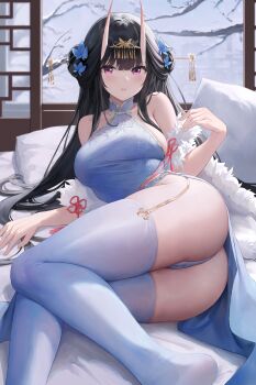 1girl absurdres ass azur_lane black_hair blue_dress blue_flower blue_thighhighs blush breasts china_dress chinese_clothes closed_mouth dress flower fur_shawl hair_flower hair_ornament hairpin halter_dress halterneck highres horns indoors kiek_qaq long_hair looking_at_viewer lying medium_breasts noshiro_(azur_lane) noshiro_(fragrance_of_the_eastern_snow)_(azur_lane) official_alternate_costume on_bed on_side oni_horns pillow purple_eyes shawl sleeveless sleeveless_dress snow snow_on_tree solo thighhighs tree
